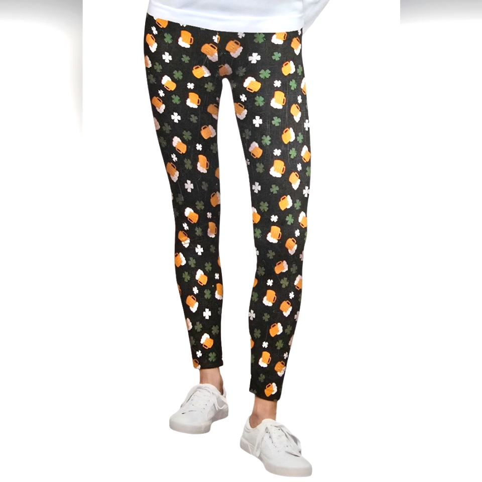 Green Leggings With Clovers And Beer Mug Pattern
